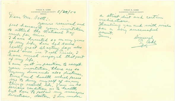1959 Ty Cobb Handwritten & Signed 2 Page Letter Dated 5/29/1959 (JSA) 